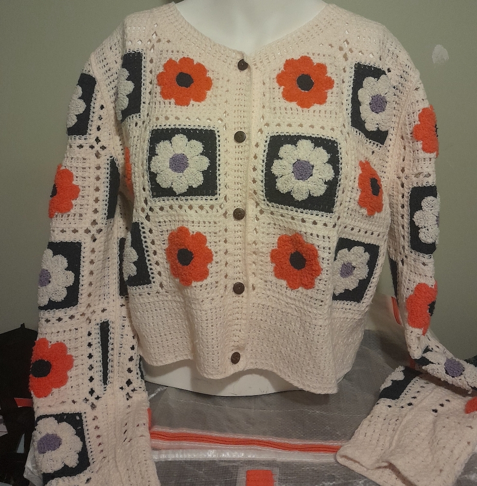 Rebellion Floral Crochet Cardigan in Cream and Orange